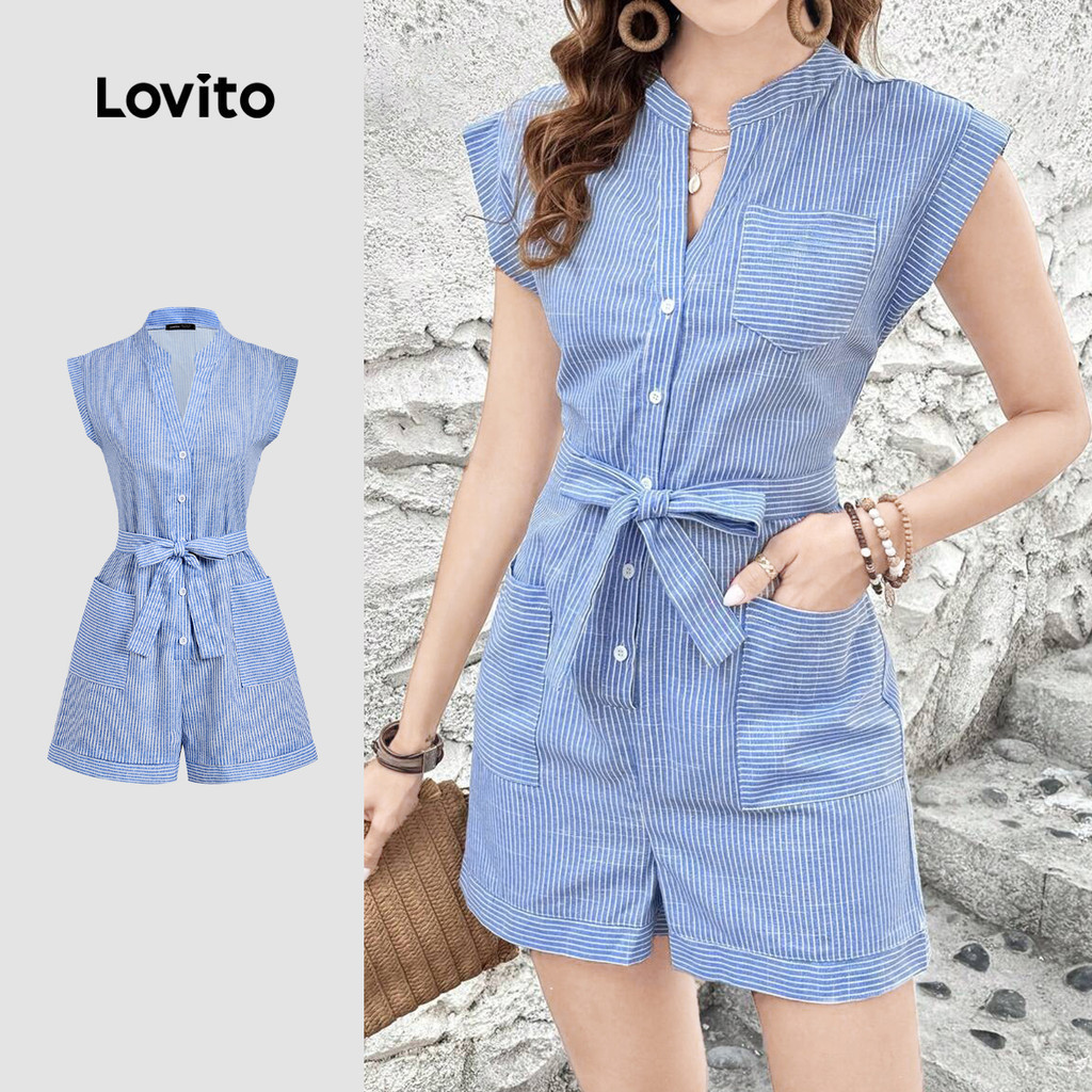 Lovito Women Elegant Jumpsuit Korean Printed Lace Up Bow Pocket Spring/summer Blue Jumpsuit L243AD65