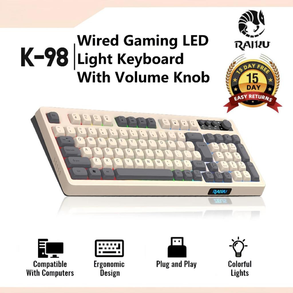 Raiku Wired Gaming Keyboard - Mute Keys, 98-Key Layout, Colorful LED Lights, Volume Knob & Media Key
