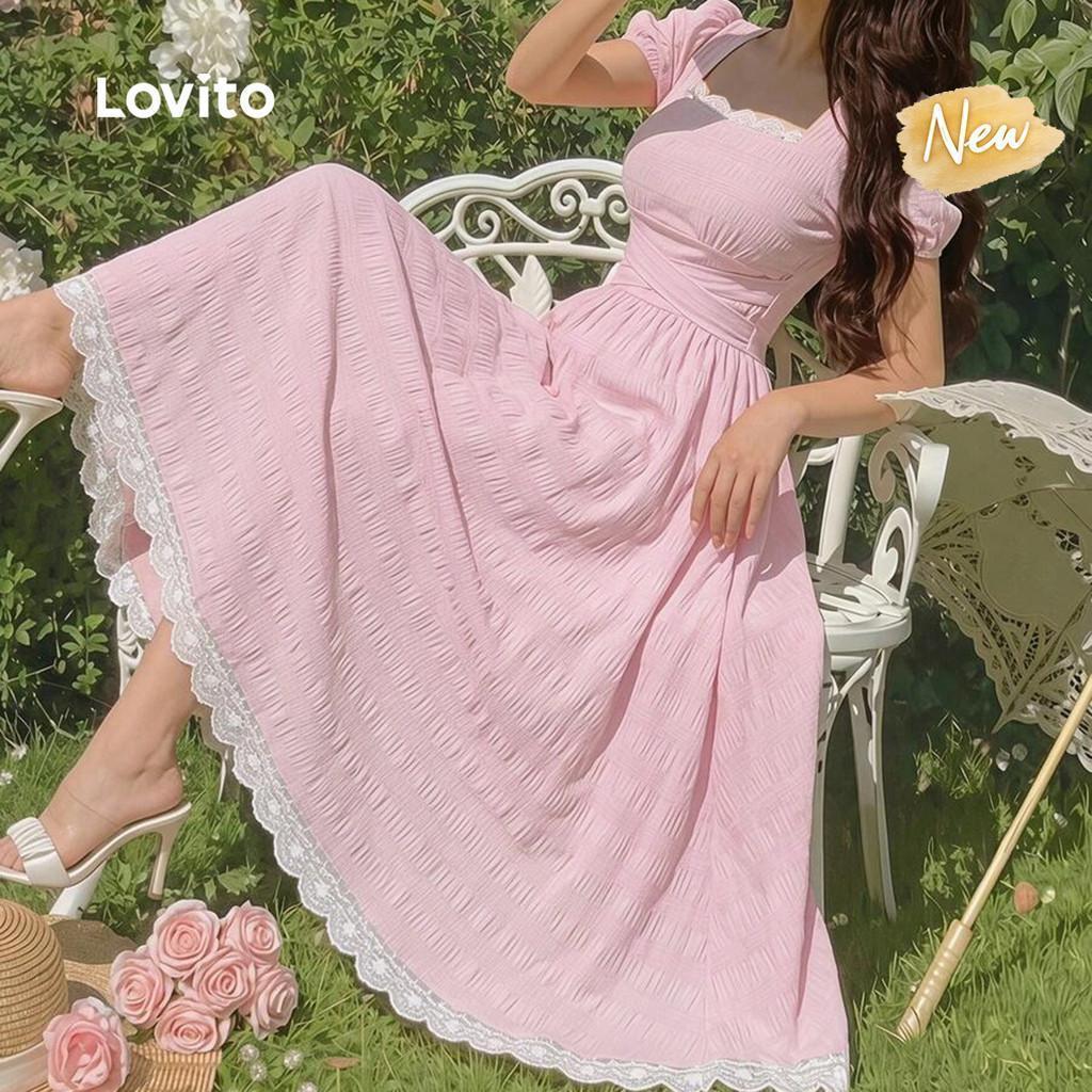 (New Arrival) Lovito Women Elegant Dress Work Ruffle Neck Contrast Binding Draped Spring/summer Pink