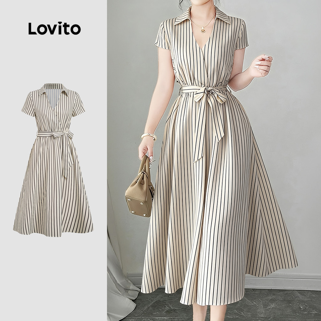 Lovito Women Casual Dress Commute Spring/summer Khaki Dress L189AD163