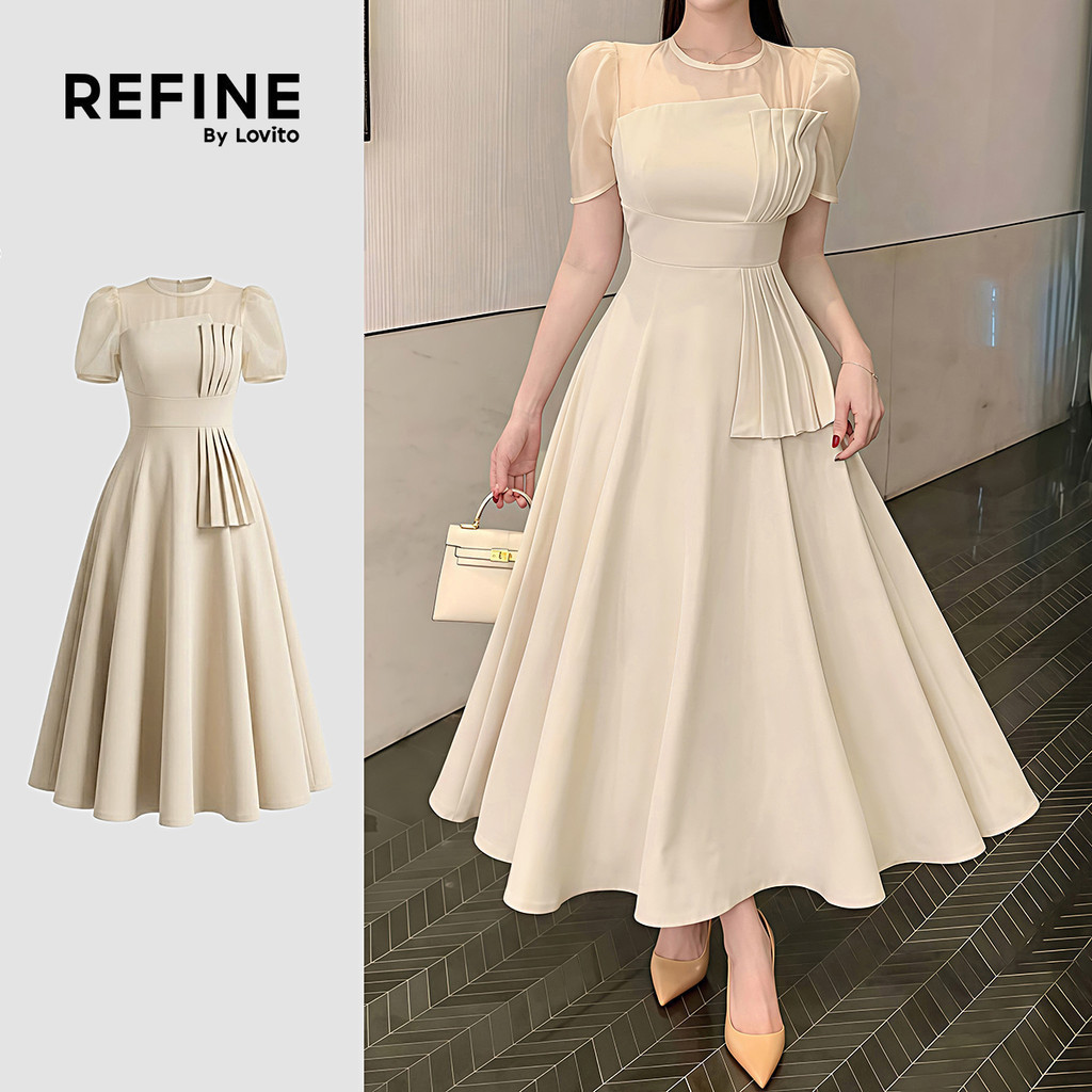 (Refine by Lovito) Women Elegant Dress Office Fabric Stitching Pleated Zipper Spring/summer Light Kh