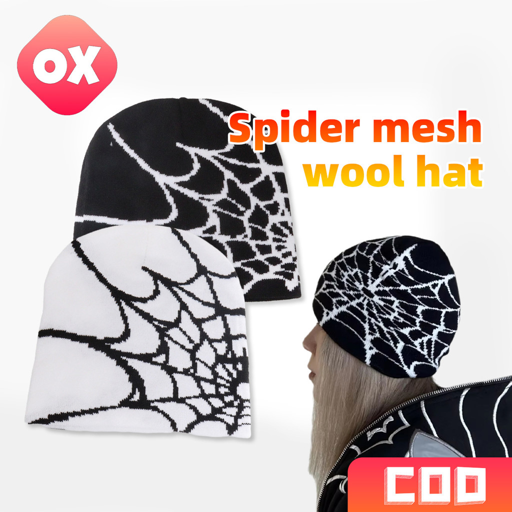 Hot Warm Knitted Pullover Hat Goth Unisex Fashion Punk Outside Wear Spider Web Printed Beanie Caps