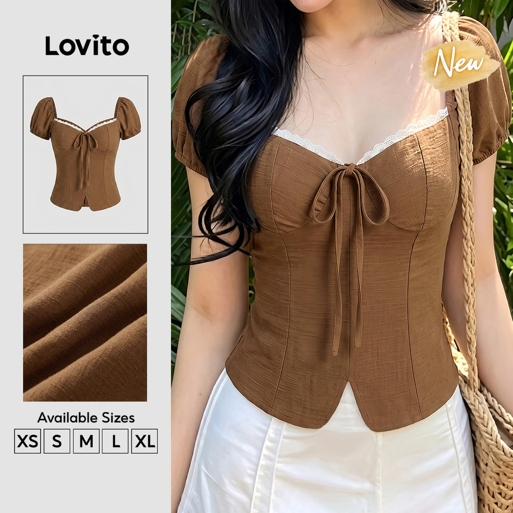 (New Arrival) Lovito Women Casual Blouse Pleated Lace Up Spring/summer Brown Blouse BLK9TD044