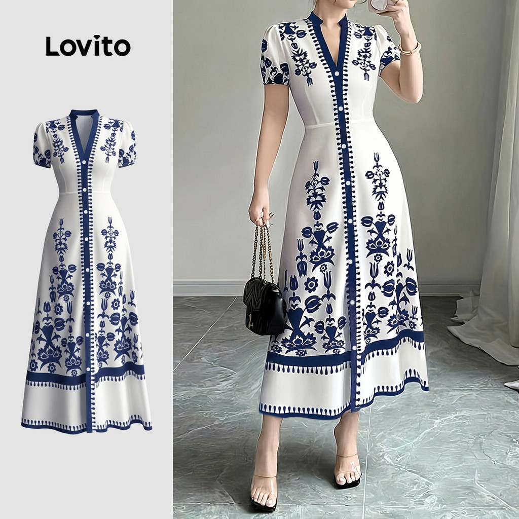 Lovito Women Elegant Dress Korean Resort Style Spring/summer Blue White Dress LK4LD325