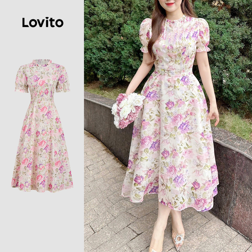 Lovito Women Formal Elegant Dress Korean Flowers Resort Style Comfy yet Stylish Spring/summer Gray P
