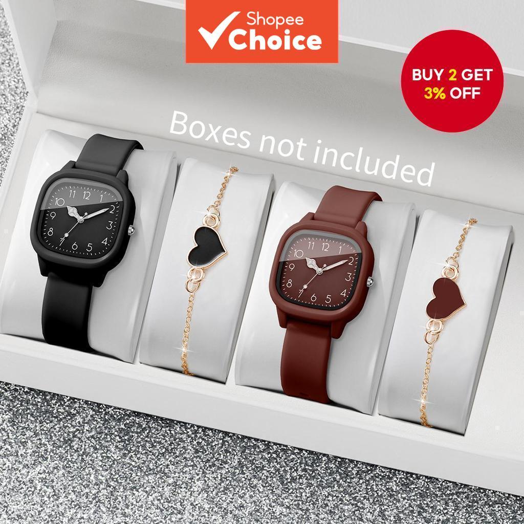2/4PCS Fashion Square Women Watches Casual Silicone Strap Quartz Wristwatch With Heart Bracelet Set