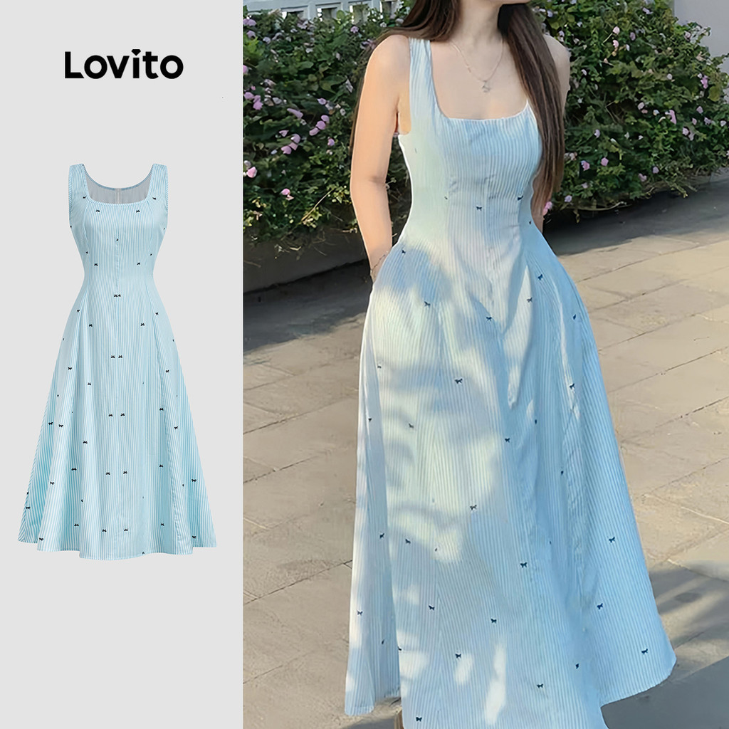 Lovito Women Elegant Dress Korean Spring/summer Slightly Sheer Blue Dress L178ED455