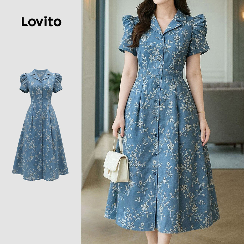 Lovito Women Elegant Dress Korean Pleated Spring/summer Blue Dress LK3ED144