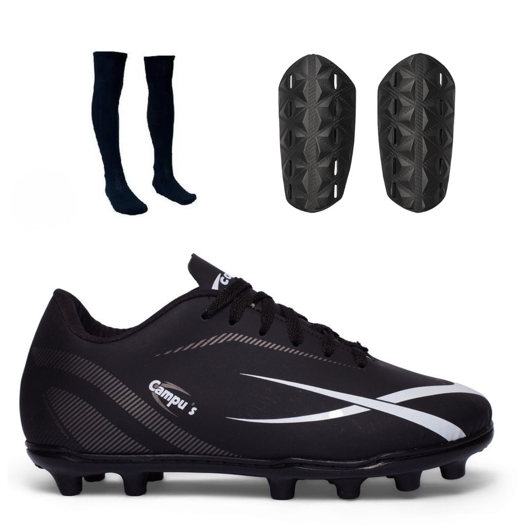 Kit Chuteira Campo Masculina com Caneleira e Meião Futebol