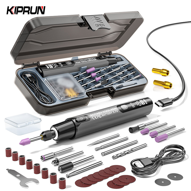 KIPRUN Electric Mini Grinder Set, 4.2V Engraving Drill Pen with Led Light, 6 Speed 6000-16000RPM Wireless Mini Electric Rotary Tool Set, Digital Display, USB Recharge Drill Set