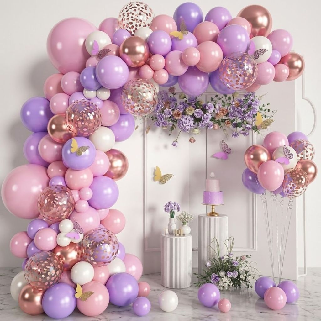 Kit 135 Balões Roxo Lilás Rosa Branco Rose Gold Decoração Aniversário Bexiga Festa Comemorativa Arco