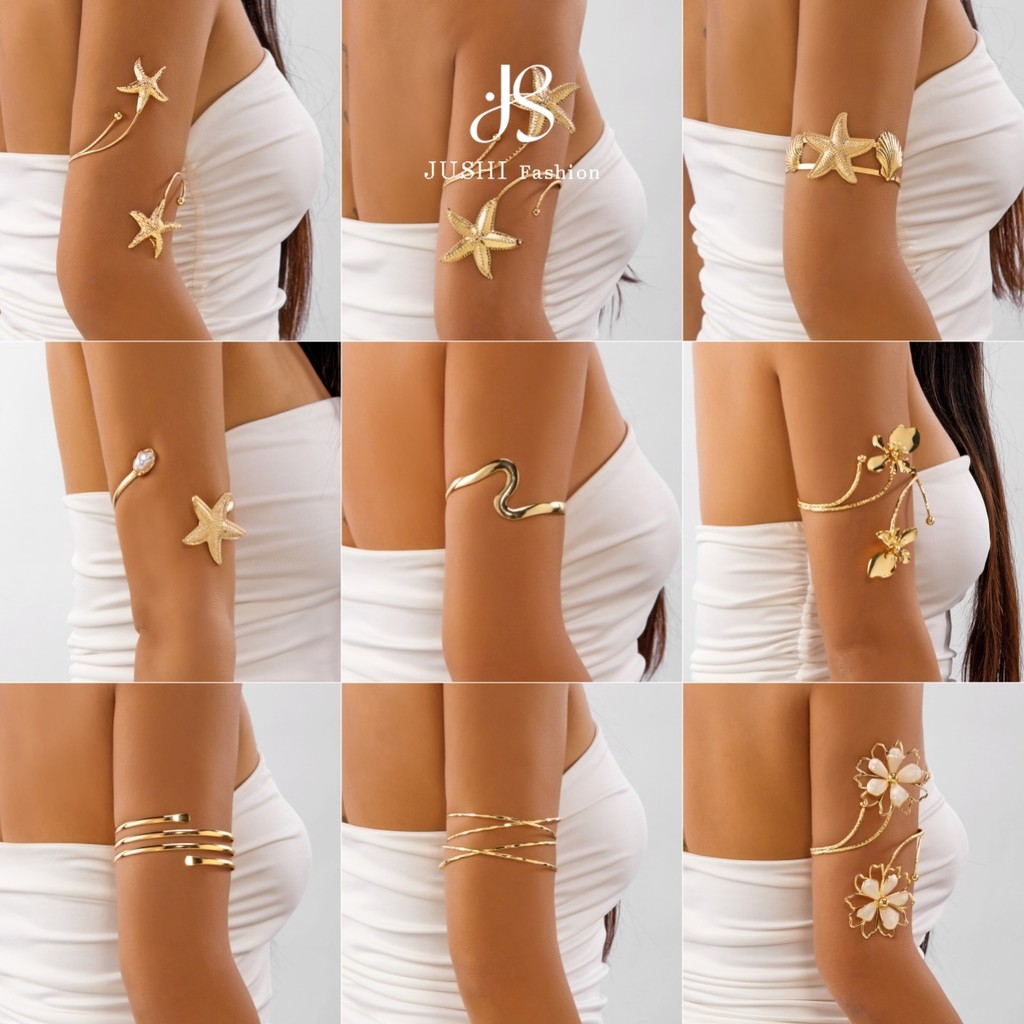 JUSHI Trendy 2 in 1 Starfish Shell Arm Cuff Set Stackable Beach Arm Party Jewelry Y2K Aesthetic Boho