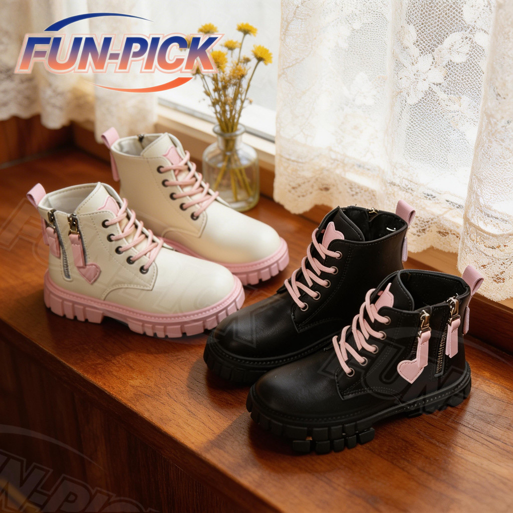 FUN-PICK High top black shoes black boots for kids girls ankle zip no heel boots for kids size27-38