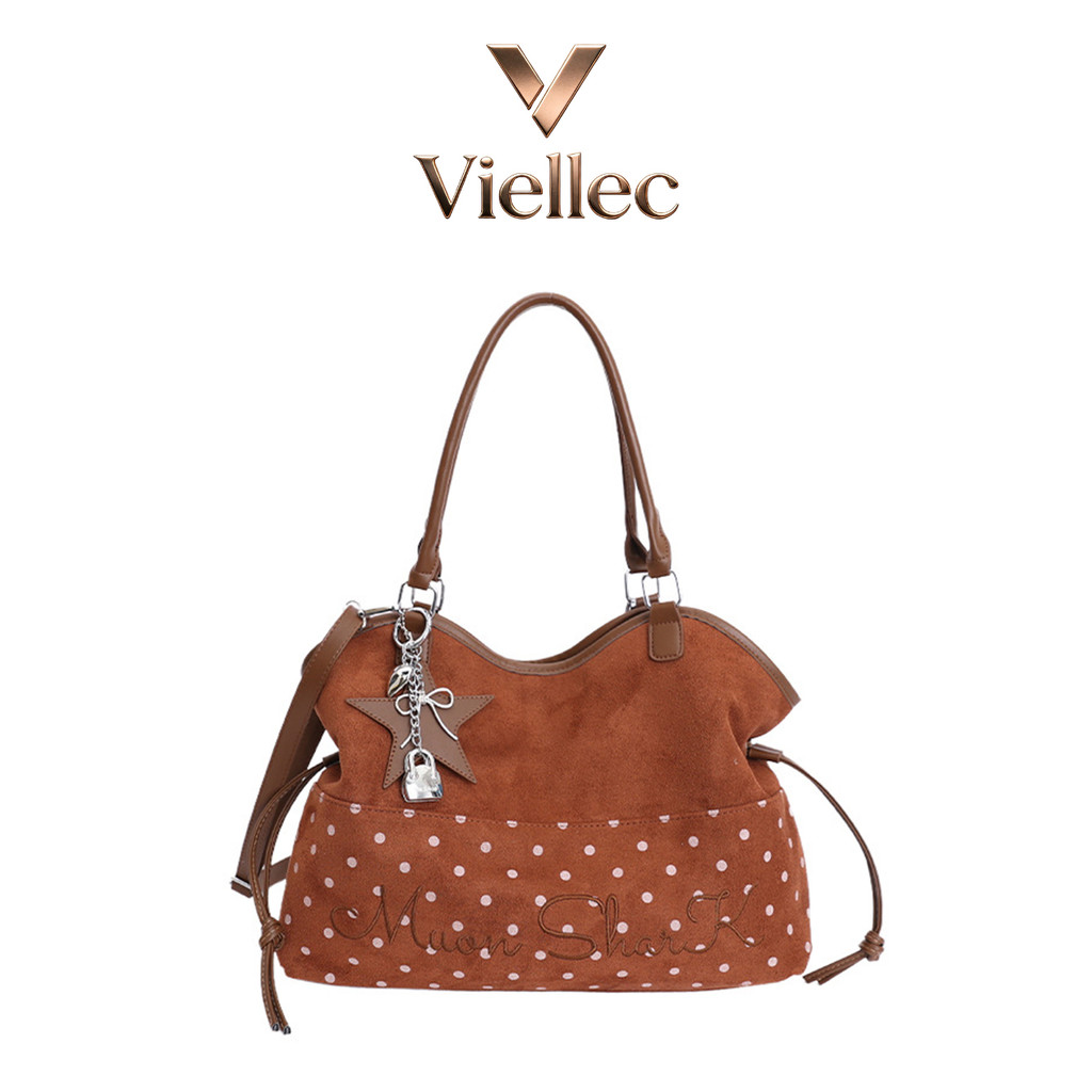 Viellec Túi Nách Retro Khâu Da Lộn Túi Đeo Vai Chấm Bi Dung Tích Lớn Nữ Đi Lại Đơn Giản Túi Messenger
