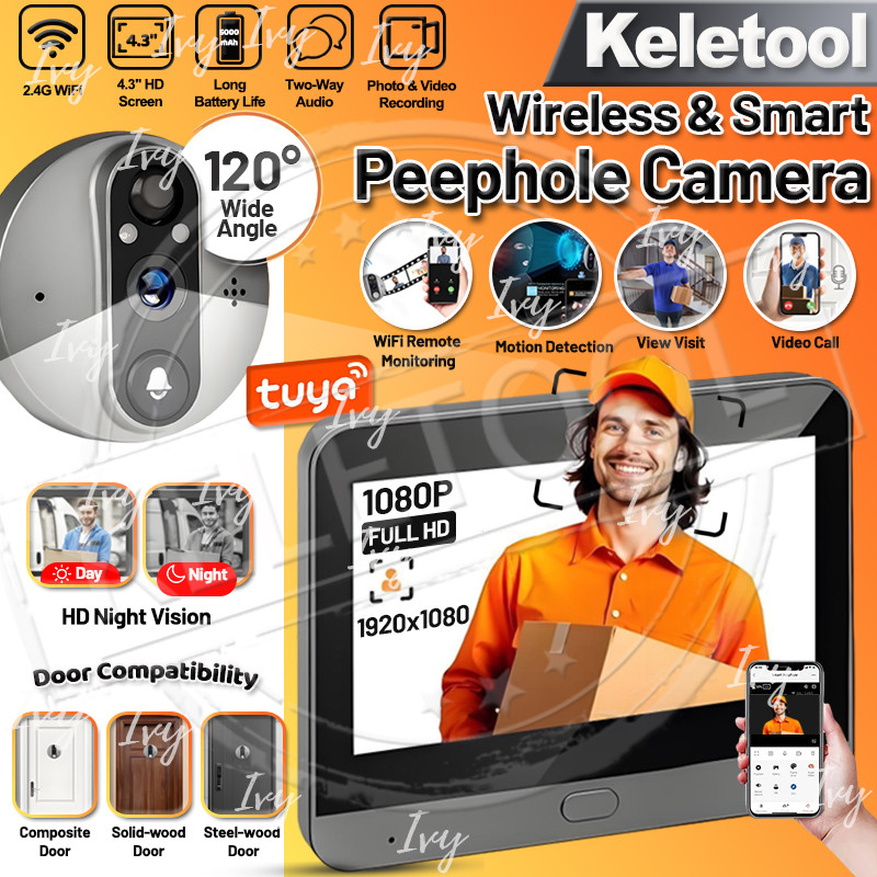 Smart Tuya Wireless Video Doorbell Peephole Viewer Doorbell Smart WiFi Video Doorbell with Peephole Camera 4.3inch LCD Viewer PIR Motion Detection Night Vision Tuya APP Door Viewer