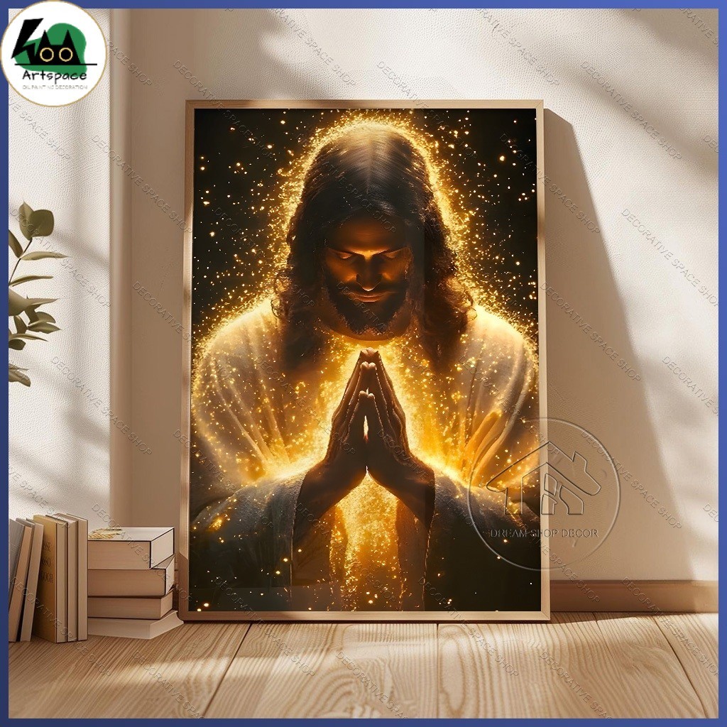 Modern Christian Jesus Portrait Wall Art Framed Decor for Living Room Golden Cross Wall Decorations