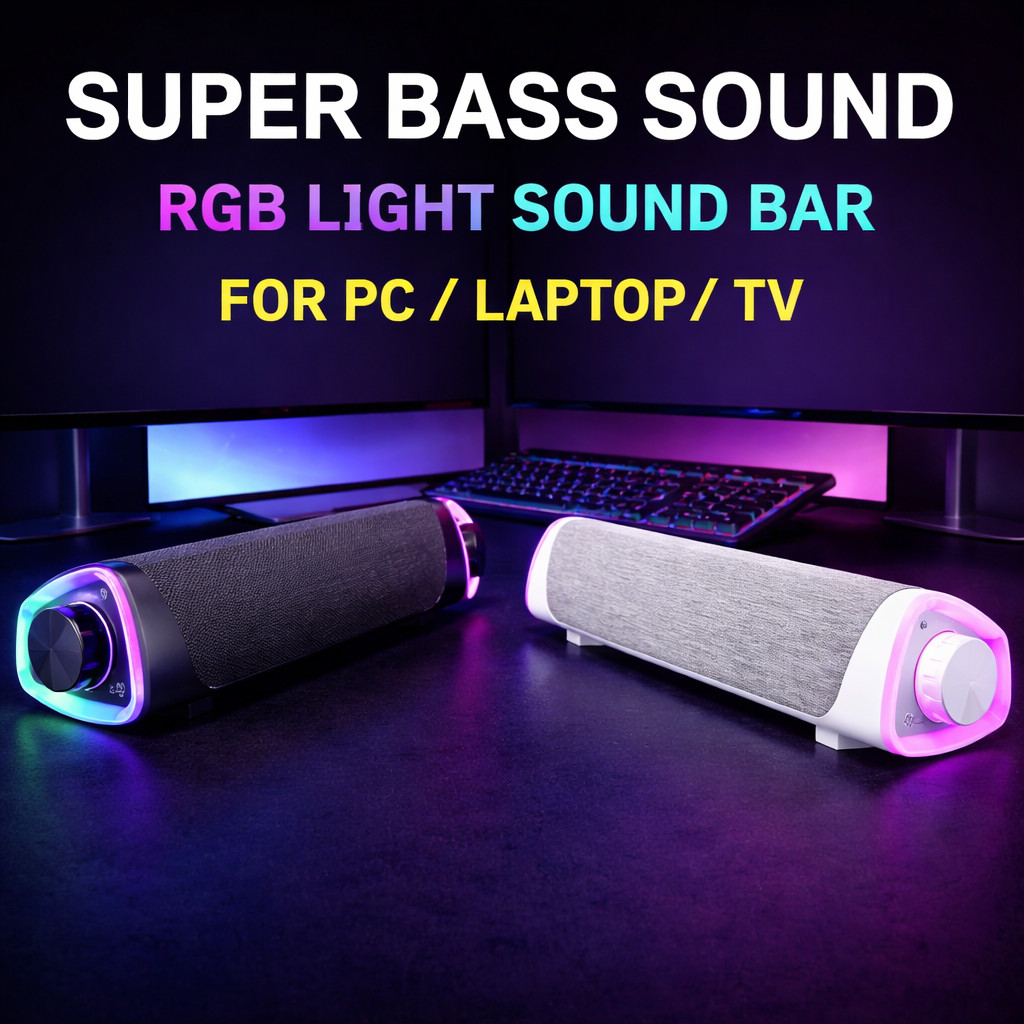 Bluetooth Soundbar Speaker for PC Laptop TV USB Powered RGB Light Stereo Bass Loud Speaker