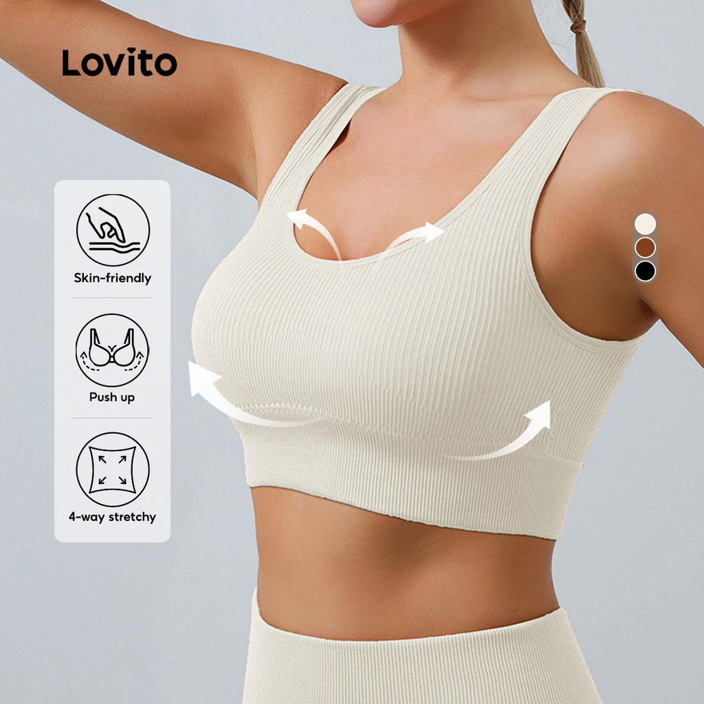 Lovito Women Casual Sporty Sports Bra Korean Striped Basic Push up Seamless Running Yoga Bouncepreve