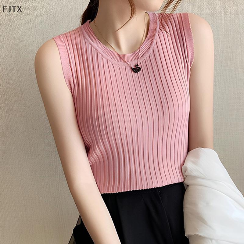 [FJTX] 2025 Summer New Fashion Knitted Vests O-neck Sleeveless Casual Thin Tops Sleeveless Blouse Wo