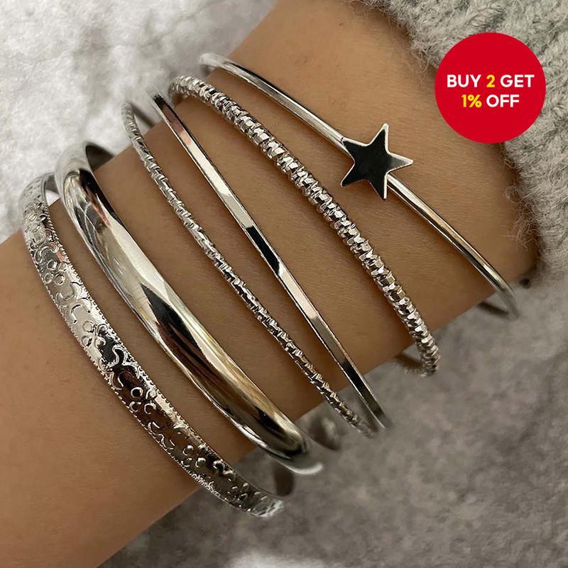 Vintage Minimalist Silver Bracelet Set - Adjustable Metal Star Open Bangle - Eco-Friendly Material