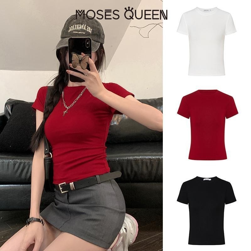 <Moses Queen>Pinch Waist Shoulder T-shirt White Short Sleeved Women's Slim Fit Spicy Girl Short Base