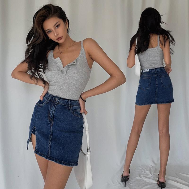 American Women's Stretch Denim Mini Skirt High Waist Skorts Bodycon Anti-Exposure Split Hem Design