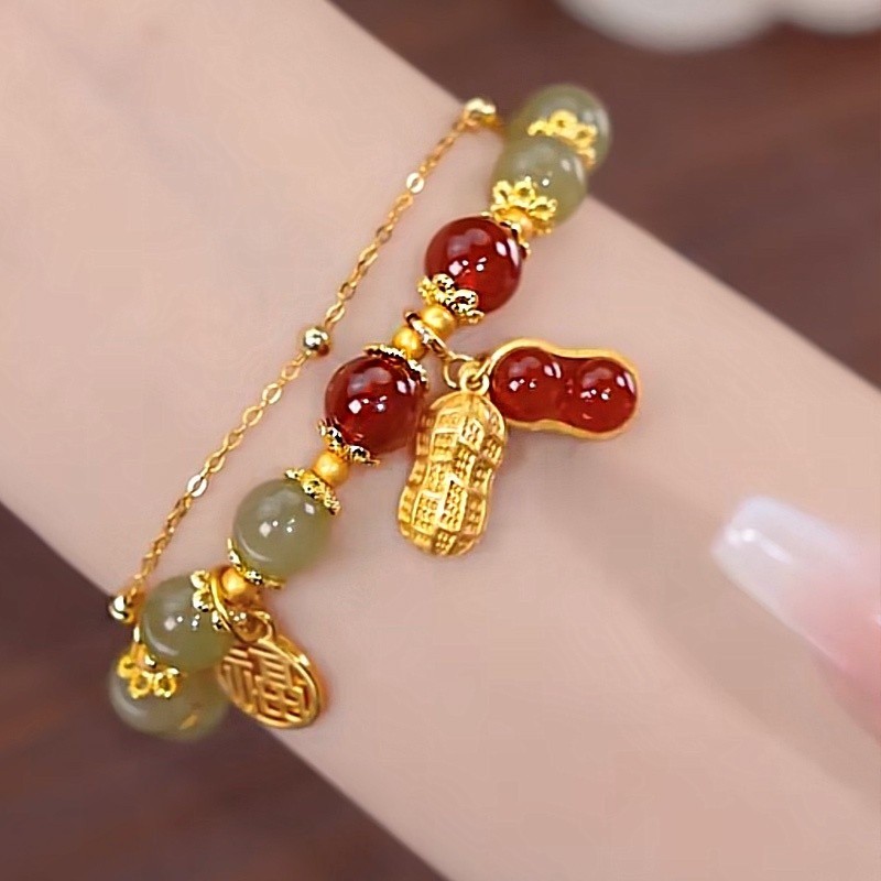 Peanut Natural Hetian Jade Lucky Charm Bracelet Sand Cinnabar Beads Bracelet for Women