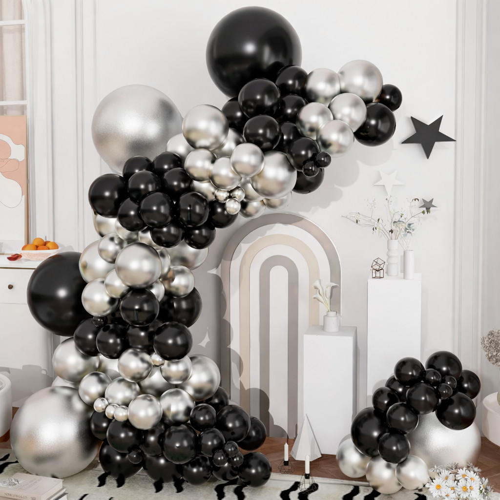 Kit 150 Balões Luxo Preto Prata Arco Desconstruído Bexiga Cromado Metalizado Decoração Festa Anivers