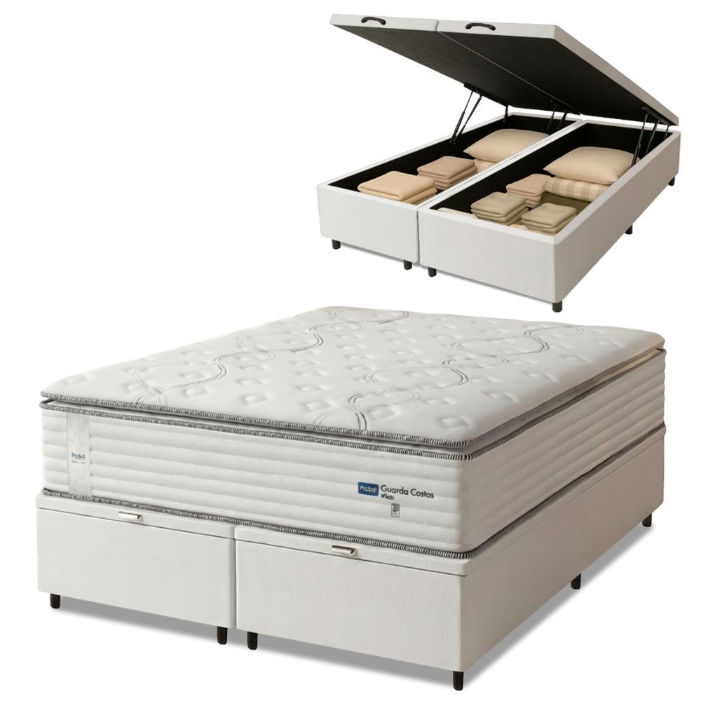 Cama Box Baú Casal King Colchão Molas Guarda Costas Max Com Pillow 193x203x81cm Branco/Cinza