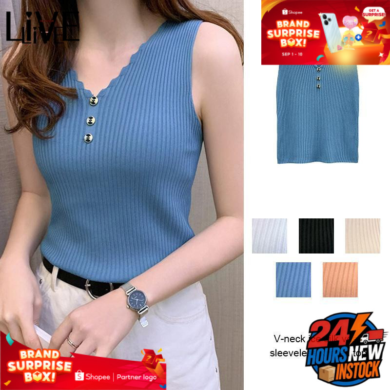 Women Sleeveless Button-Front Solid Color Blouse Inner Wear V-neck Ice Silk Tank Top Knitting Top AL