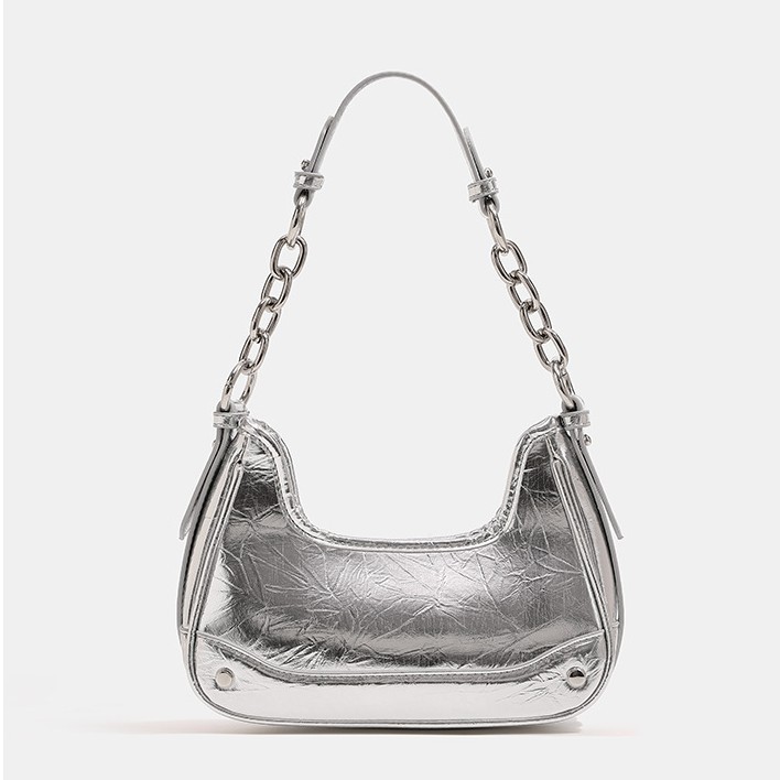 Túi Xách Nữ Hobo Dáng Dài Màu Bạc & Đen | Túi Đeo Vai Ngang Có Khói Lượi Phong Cách Thời Trang Dễ Phối Đồ