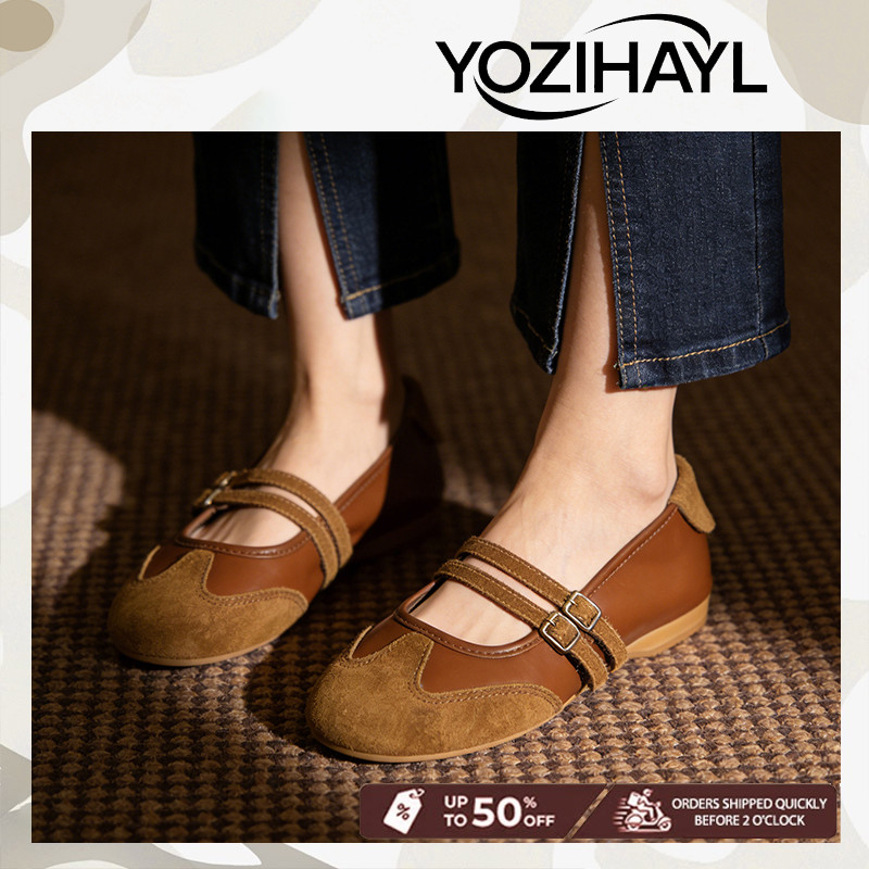Women's Retro Ballet Flats Suede Double Strap Mary Janes Comfortable Shallow Cut Vintage Shoes ﻿