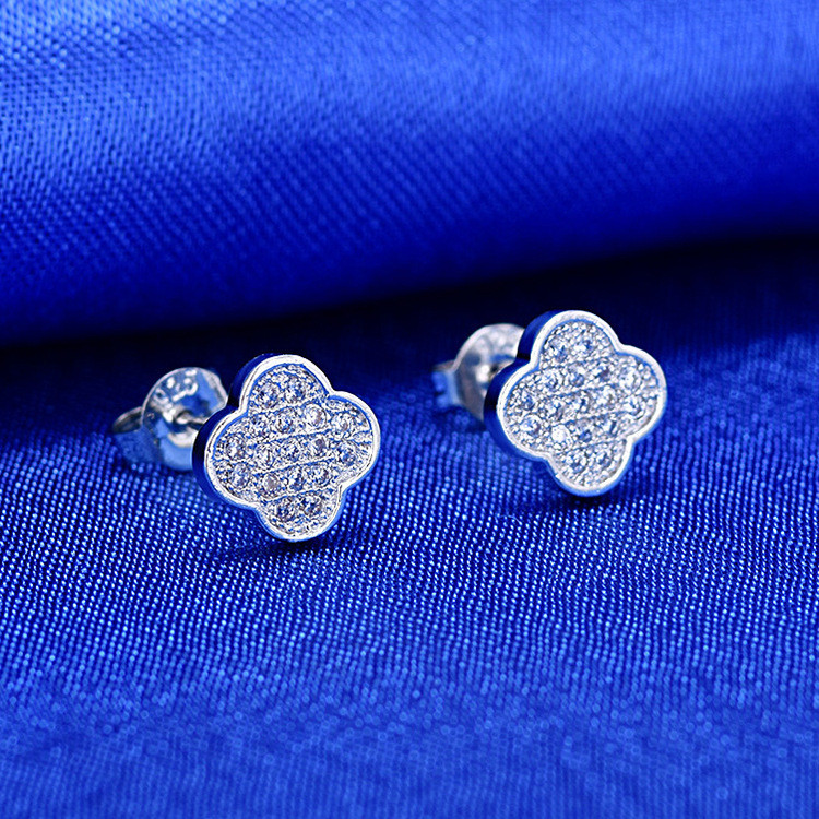 Bông tai cỏ ba lá bốn cánh sang trọng, thiết kế zircon và bạc, phong cách Hàn Quốc