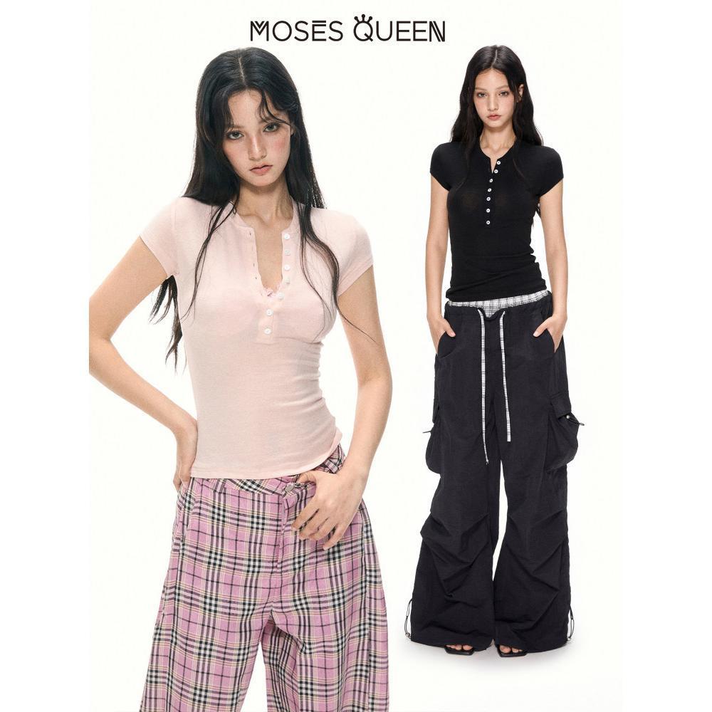 Moses Queen Henry Neck Shoulder Short-sleeved T-shirt Women's Small Flying Sleeves Slightly Sheer Ti
