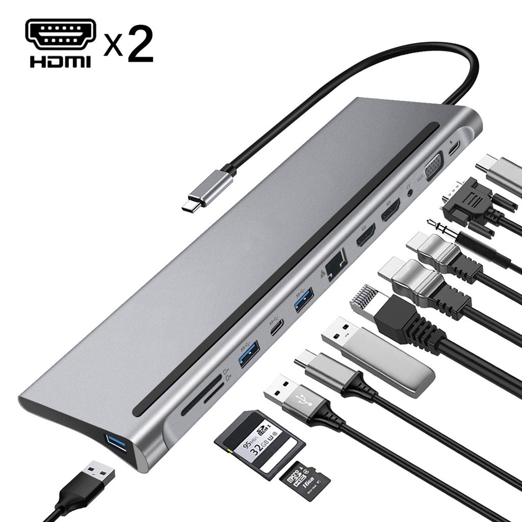 12in1 Typec Docking Station to Dual HDMI*2 VGA Audio 3.5mm TF/SD