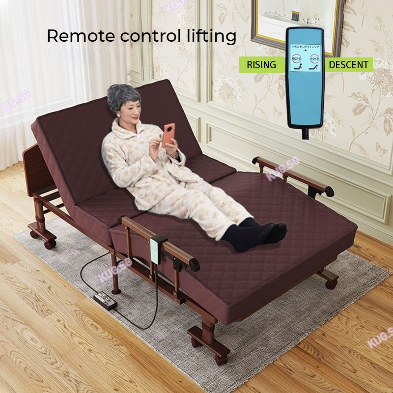 Patient Care Bed Household Electric Remote Control Adjustable Lifting Intelligent Electric Elderly Folding Bed Latex Pad Single Bed （KUG）