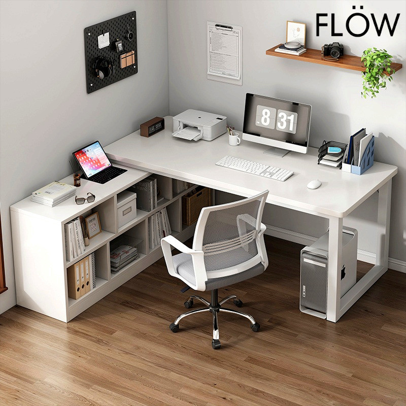 Multifunction Computer Table Bold L Shape Table | Thickened Table + Bookshelf Corner Study Desk Office