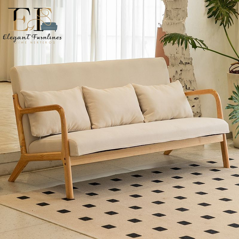 EF Sofa Simple Nordic Solid Wood Single Double Three-person Sofa Small Apartment Log Style Modern Simple Fabric Sofa