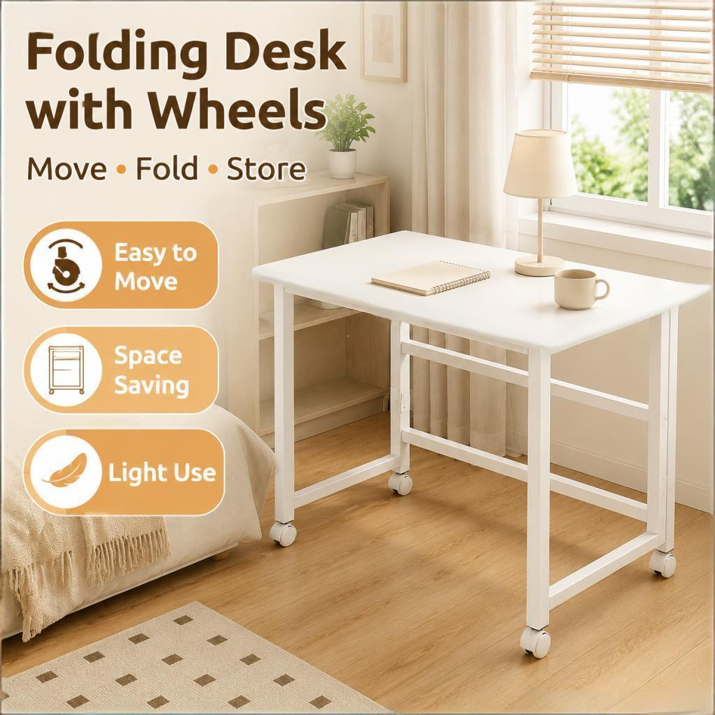 【SG STOCK】Foldable Table Mobile Laptop Desk with Lockable Wheels​ - Movable Computer Study Table for Home, Office & Student Use