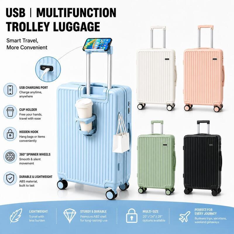 Multifunctional Travel Suitcase 20/24/28 Inch Hard Shell Luggage with Cup & Phone Holder