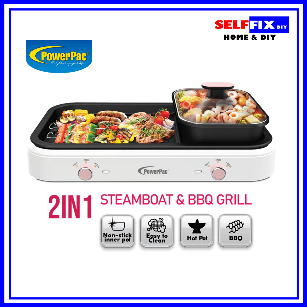Powerpac Steamboat with BBQ Grill, 2 in 1 Multi Cooker with Nonstick