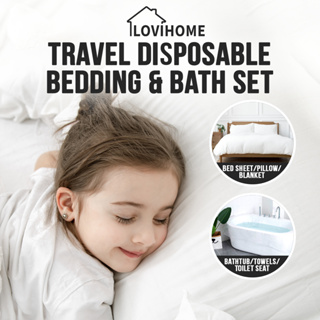 SG Travel Disposable Bedding & Towel Set - Pillow Case Bedsheet Bed Cover Pure Cotton Bath Face Towel