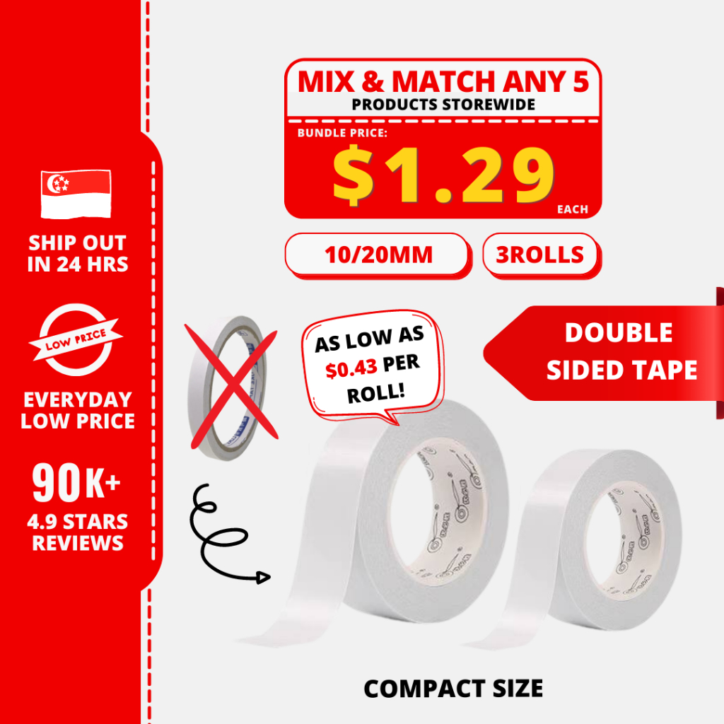 (3Rolls) Compact Double Sided Tape Masking Tape Clear White Tape Duct Tape Stationeries Warehouse Tape GoCHEEP