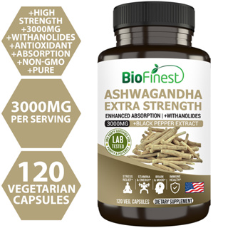 Biofinest Ashwagandha 3000mg Root Extract Organic Supplement - Relieve Stress Anxiety Memory Sleep Mood Energy (120caps)