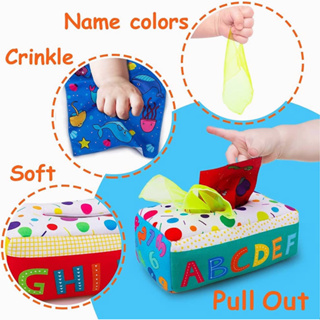【SG】My First Baby Tissue Box Soft Stuffed High Contrast Crinkle Montessori Square Sensory Toys Juggling Rainbow Dance Sc #1