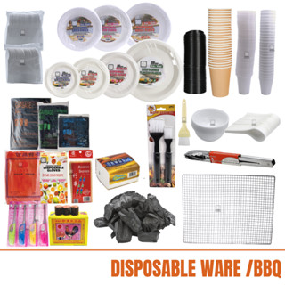 Disposable paper cup plate plastic plate Charcoal garbage bag plastic spoon fork BBQ net party straw tongs bowl C