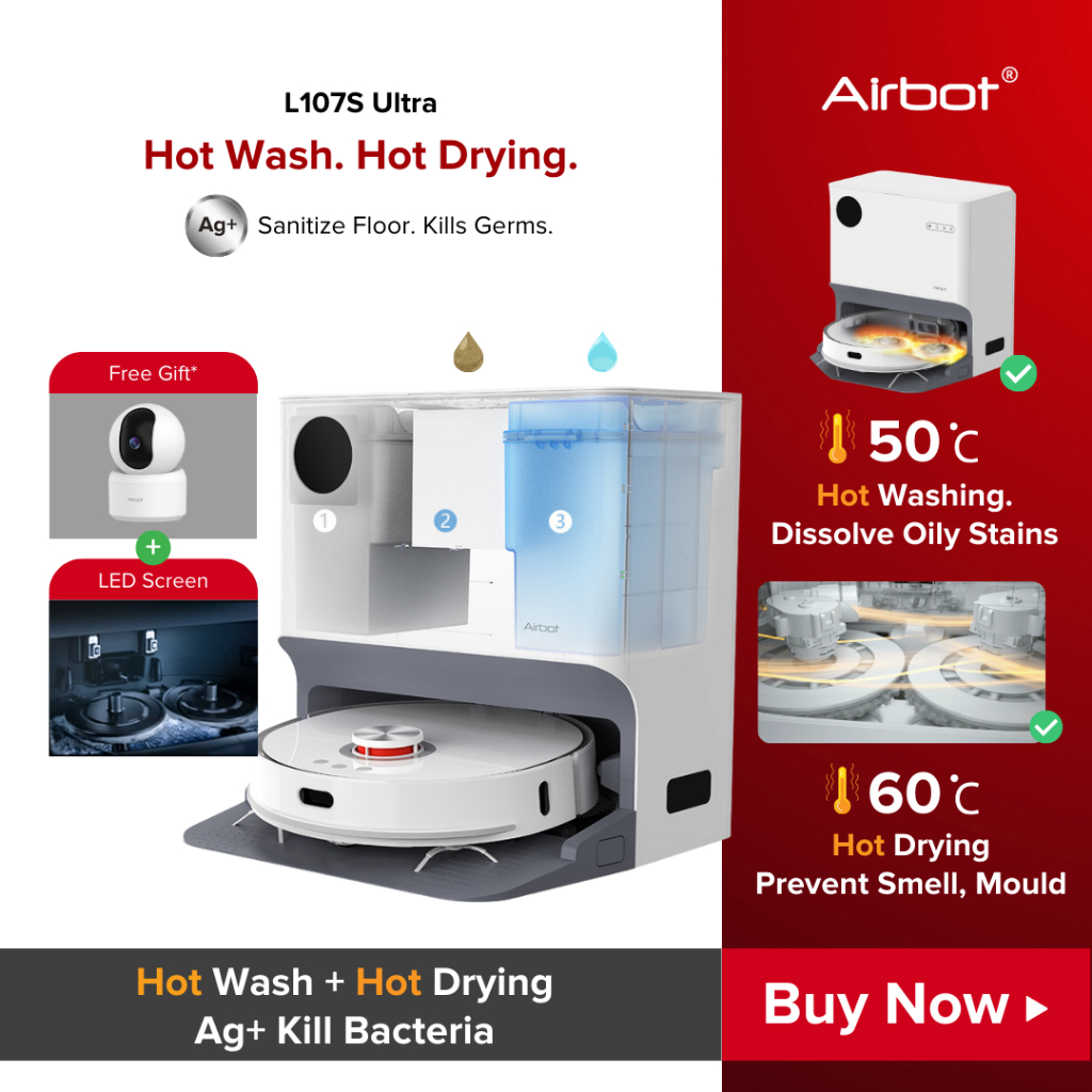 Airbot L107S Ultra, 6000Pa, Ag+ Sanitization Robotic Vacuum Auto Empty, Auto Wash, Hot Air Drying Robot Cleaner