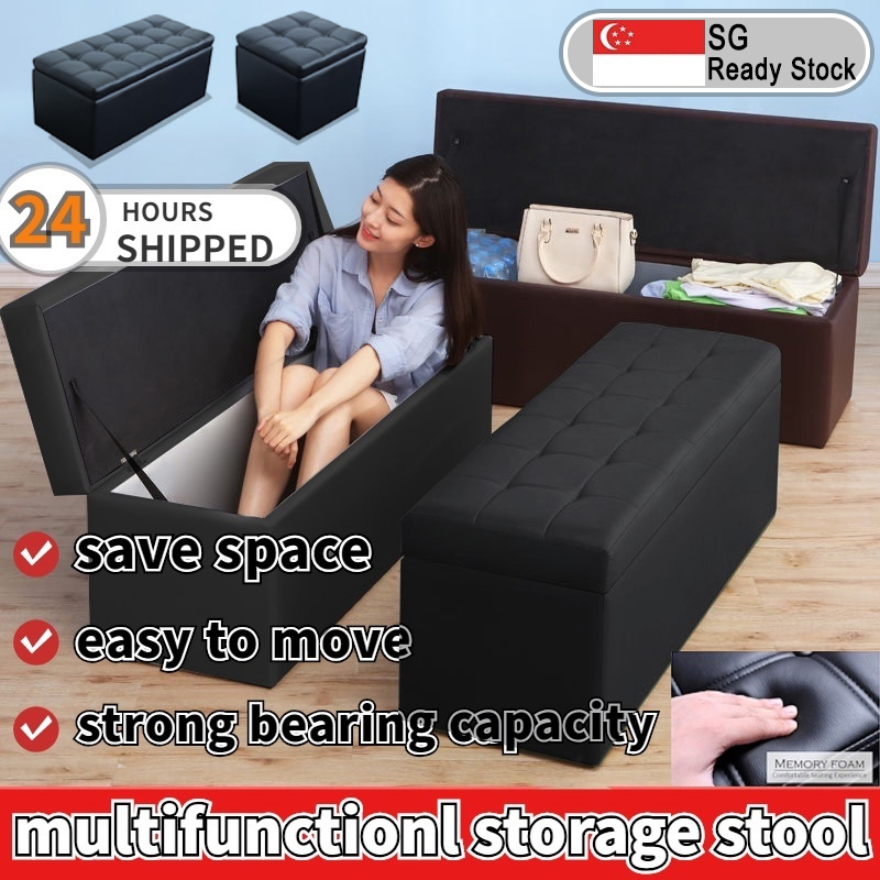 【SG Local Seller】120cm Leather Ottoman Storage Stool Bench PU Waterproof Multi-functional Retractable Black Shoe Bench