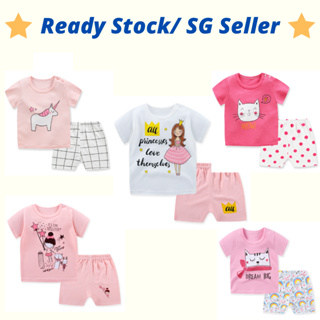 (SG Local Stock) 100％ Cotton Girl 2pcs Short Sleeve with Shorts Set Comfortable and Breathable