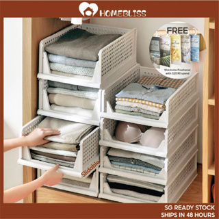 【Hot Sale】Foldable Wardrobe Organiser Stackable Storage Desk Table Drawer Box Clothes Organizer Plastic Container Basket